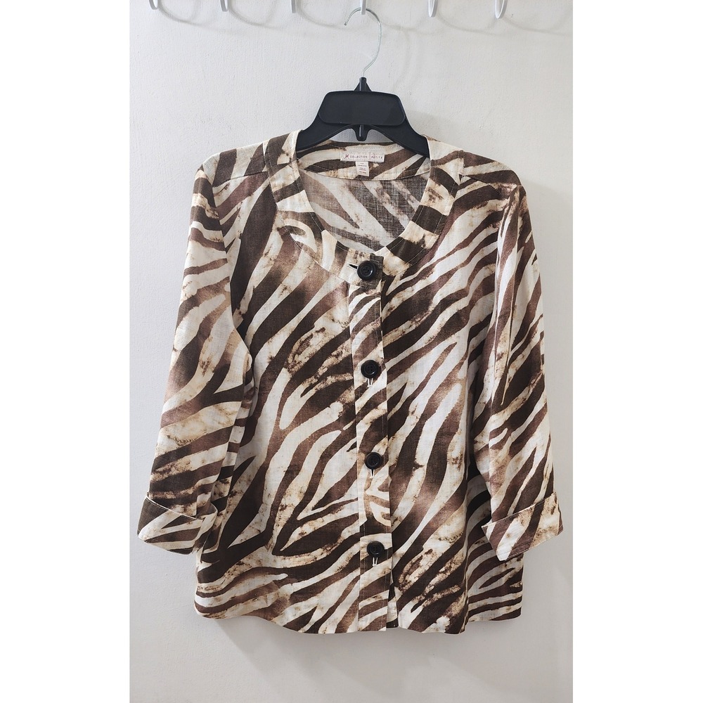 JM Collection Petite 100% Linen Zebra Print Button Up Top Brown Tan 14P